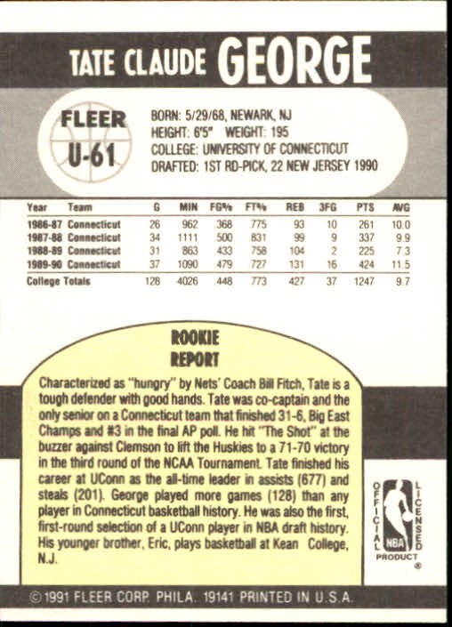 1990-91 Fleer Update #U61 Tate George RC back image