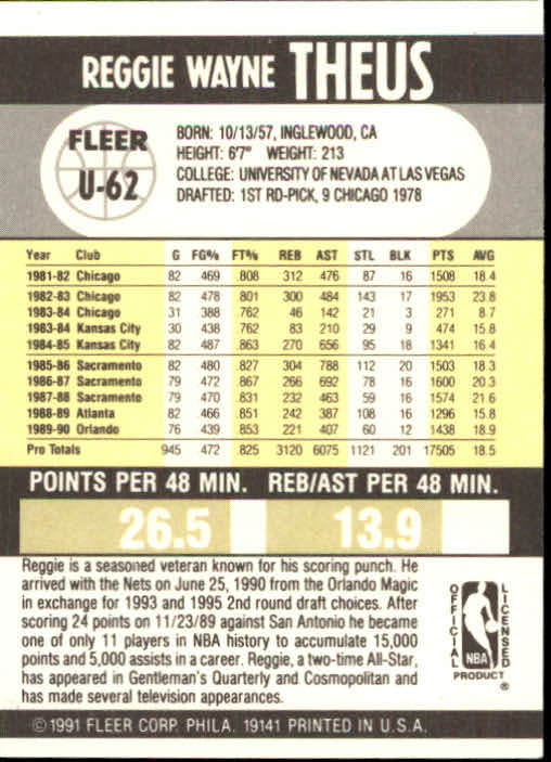 1990-91 Fleer Update #U62 Reggie Theus back image