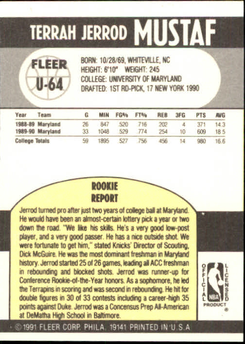 1990-91 Fleer Update #U64 Jerrod Mustaf RC back image