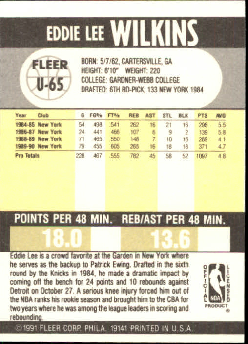 1990-91 Fleer Update #U65 Eddie Lee Wilkins RC back image