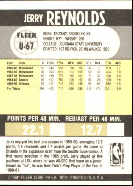1990-91 Fleer Update #U67 Jerry Reynolds back image