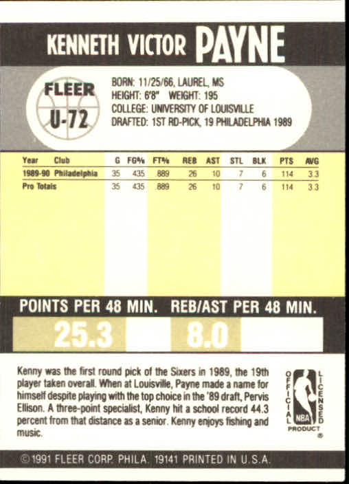 1990-91 Fleer Update #U72 Kenny Payne RC back image