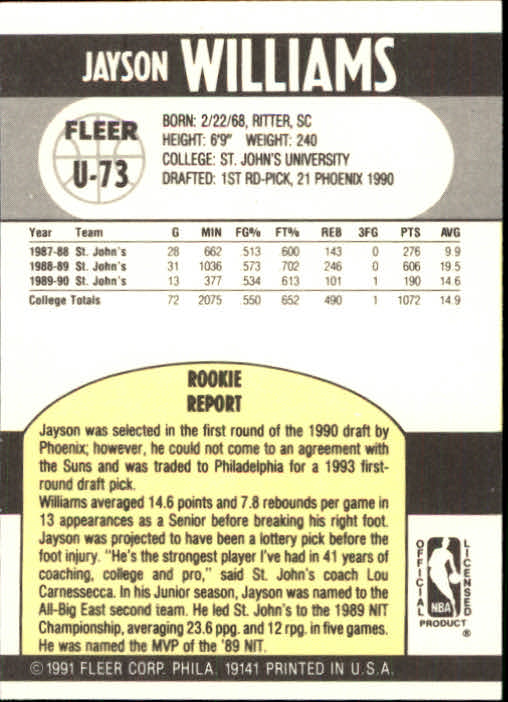 1990-91 Fleer Update #U73 Jayson Williams RC back image