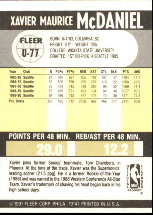 1990-91 Fleer Update #U77 Xavier McDaniel back image