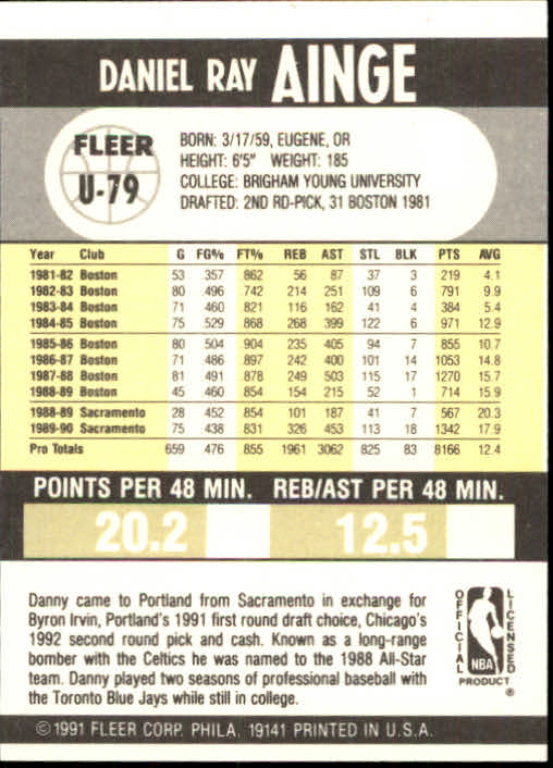 1990-91 Fleer Update #U79 Danny Ainge back image