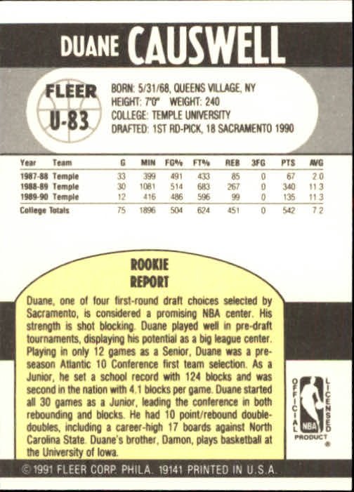 1990-91 Fleer Update #U83 Duane Causwell RC back image