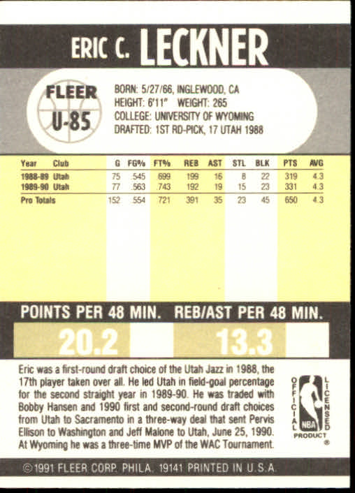 1990-91 Fleer Update #U85 Eric Leckner back image