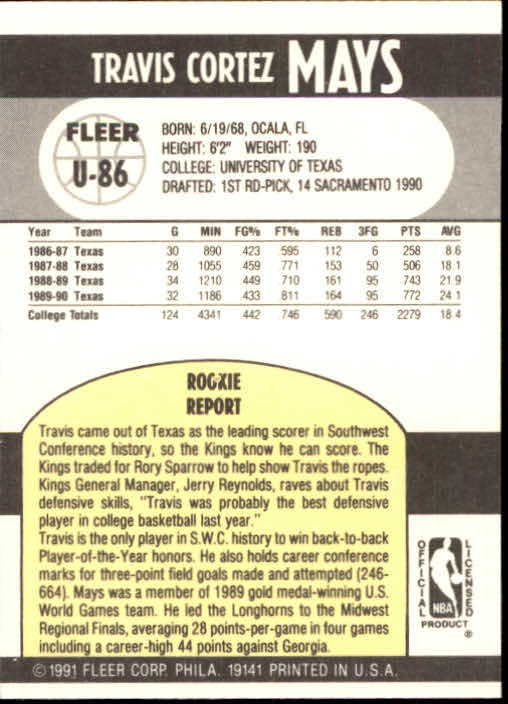 1990-91 Fleer Update #U86 Travis Mays RC back image