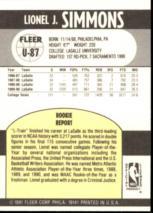 1990-91 Fleer Update #U87 Lionel Simmons RC back image