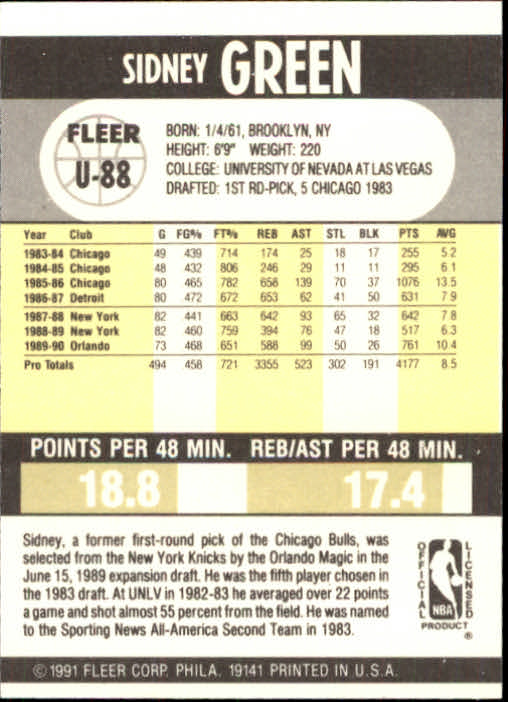 1990-91 Fleer Update #U88 Sidney Green back image