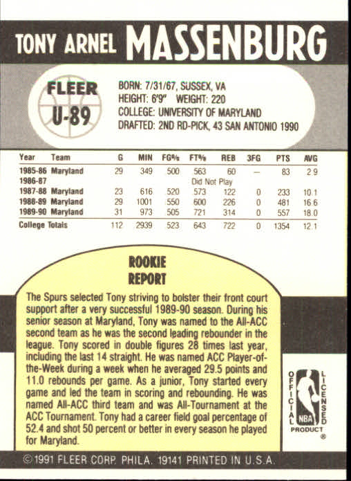 1990-91 Fleer Update #U89 Tony Massenburg back image