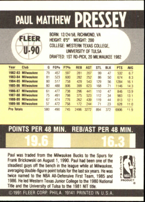 1990-91 Fleer Update #U90 Paul Pressey back image