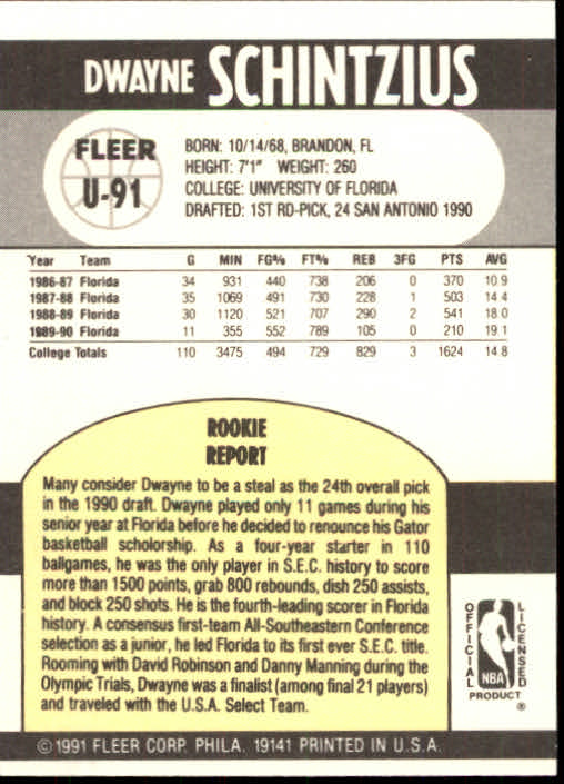 1990-91 Fleer Update #U91 Dwayne Schintzius RC back image