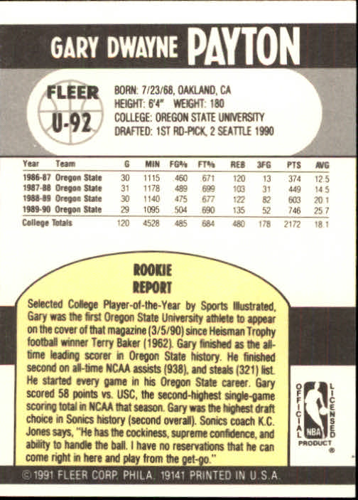 1990-91 Fleer Update #U92 Gary Payton RC back image