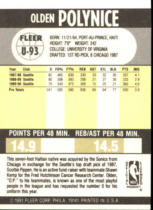 1990-91 Fleer Update #U93 Olden Polynice back image