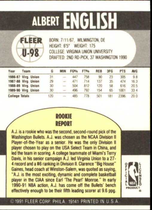 1990-91 Fleer Update #U98 A.J. English RC back image