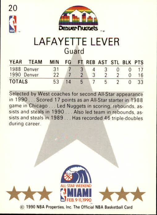 1990-91 Hoops #20 Lafayette Lever AS SP back image