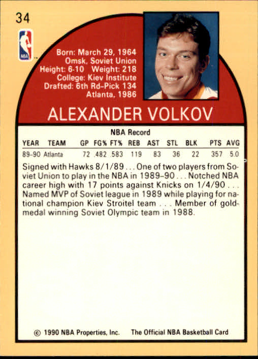 1990-91 Hoops #34 Alexander Volkov RC back image