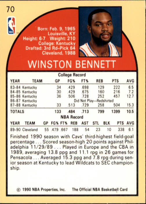1990-91 Hoops #70 Winston Bennett back image