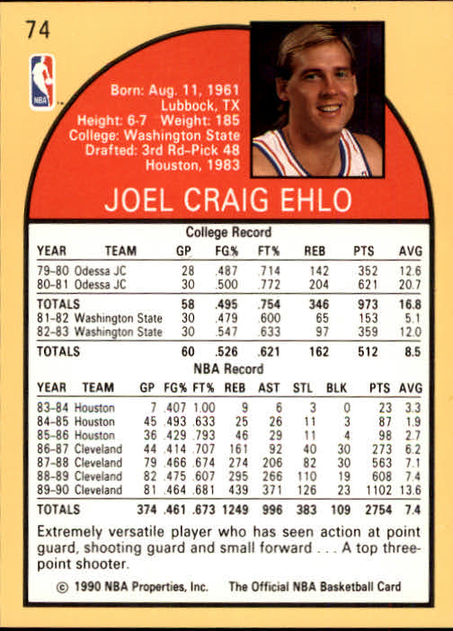 1990-91 Hoops #74 Craig Ehlo back image
