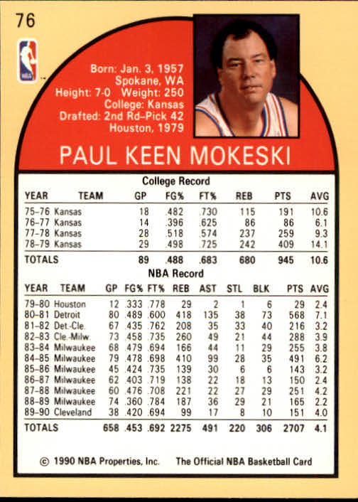 1990-91 Hoops #76 Paul Mokeski SP back image