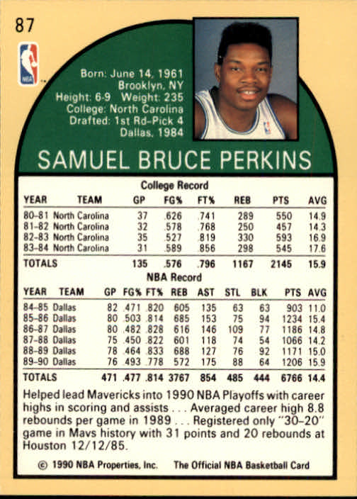 1990-91 Hoops #87 Sam Perkins SP back image