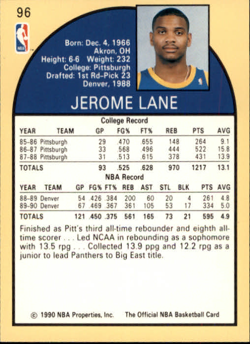 1990-91 Hoops #96 Jerome Lane back image