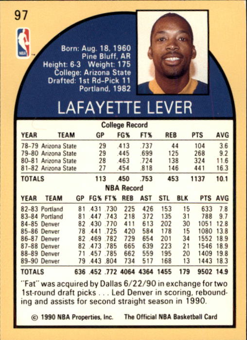 1990-91 Hoops #97 Lafayette Lever SP back image