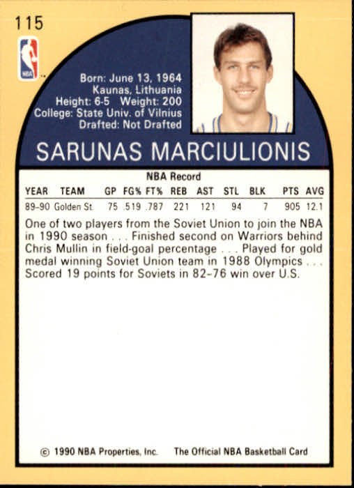 1990-91 Hoops #115 Sarunas Marciulionis RC back image