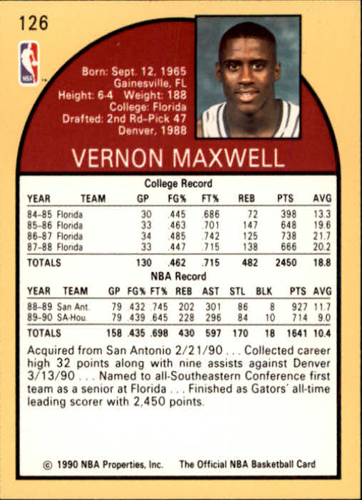 1990-91 Hoops #126 Vernon Maxwell back image