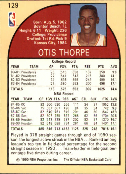 1990-91 Hoops #129 Otis Thorpe back image
