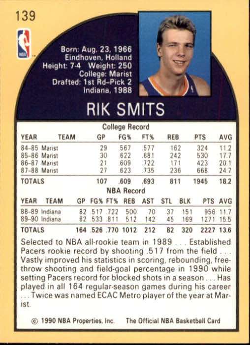 1990-91 Hoops #139 Rik Smits back image