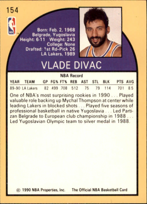 1990-91 Hoops #154 Vlade Divac UER RC/(Height 6'11, should be 7'1) back image