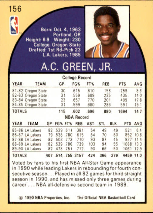 1990-91 Hoops #156 A.C. Green back image