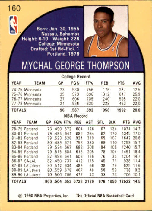 1990-91 Hoops #160 Mychal Thompson back image