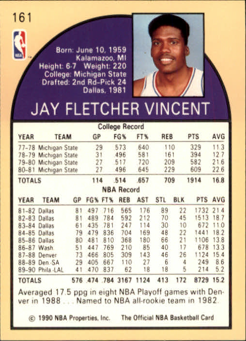 1990-91 Hoops #161 Jay Vincent SP back image