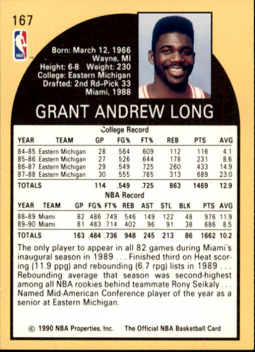 1990-91 Hoops #167 Grant Long back image