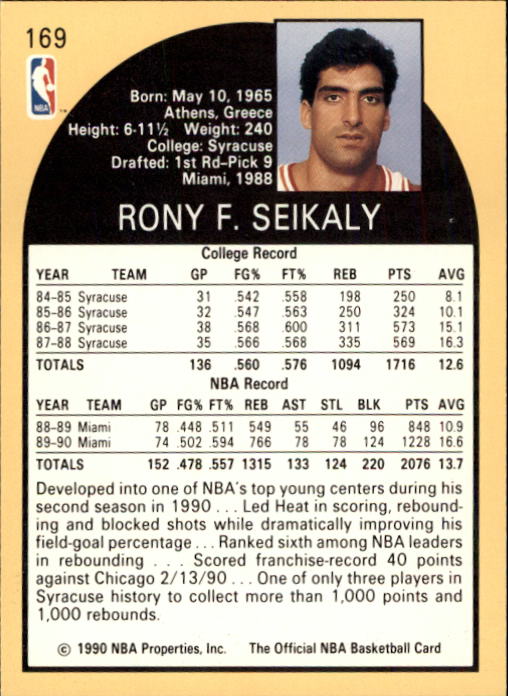 1990-91 Hoops #169A Rony Seikaly Athens back image