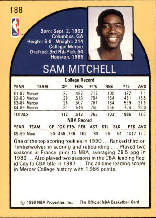 1990-91 Hoops #188 Sam Mitchell RC back image