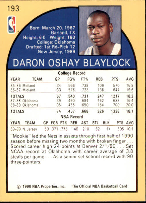 1990-91 Hoops #193 Mookie Blaylock RC back image