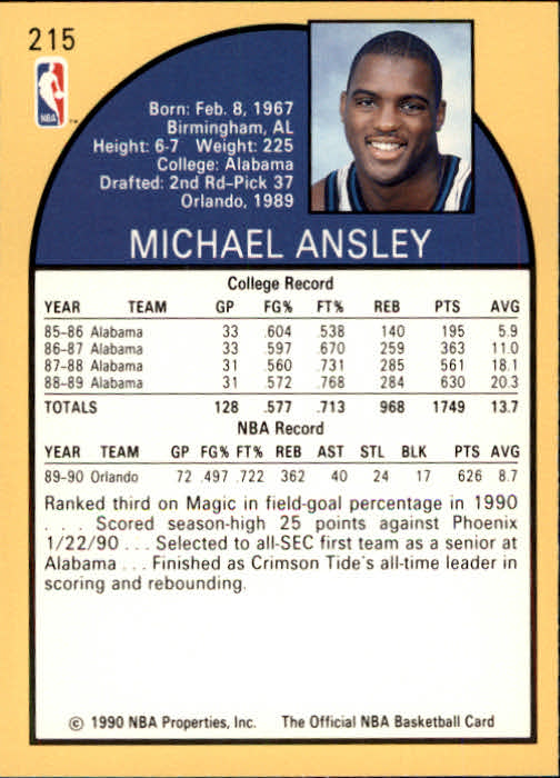 1990-91 Hoops #215 Michael Ansley UER/(Ranked first, not third) back image