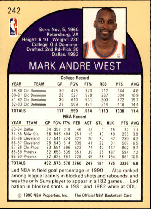 1990-91 Hoops #242 Mark West back image