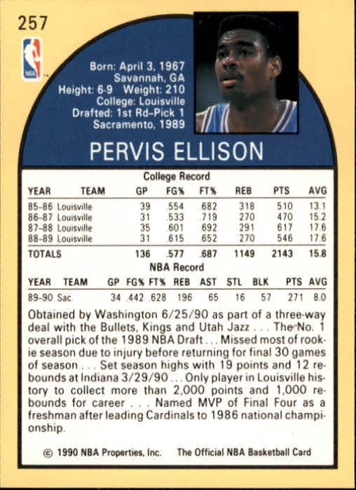 1990-91 Hoops #257 Pervis Ellison SP RC back image
