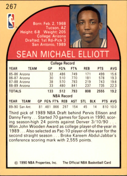 1990-91 Hoops #267 Sean Elliott RC back image