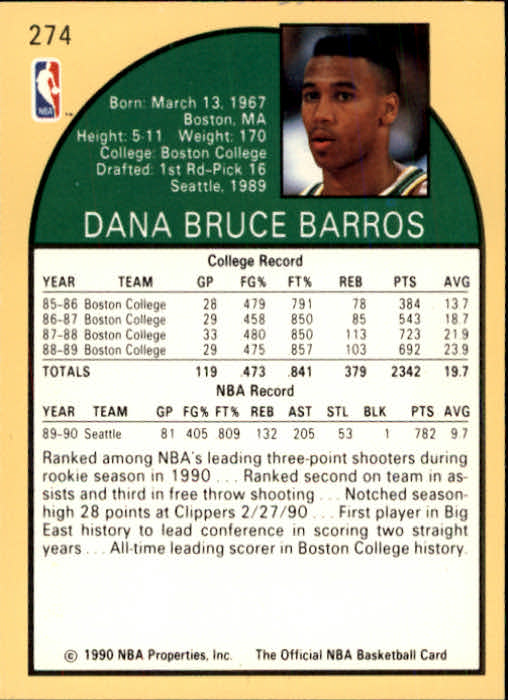 1990-91 Hoops #274 Dana Barros UER RC/(Born April, not March) back image