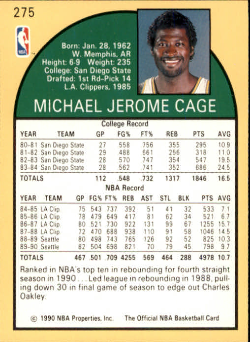 1990-91 Hoops #275 Michael Cage UER/(Drafted '84, not '85) back image