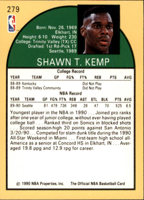 1990-91 Hoops #279 Shawn Kemp RC back image