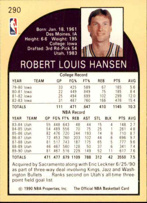 1990-91 Hoops #290 Bobby Hansen SP back image