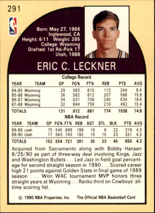 1990-91 Hoops #291 Eric Leckner SP back image
