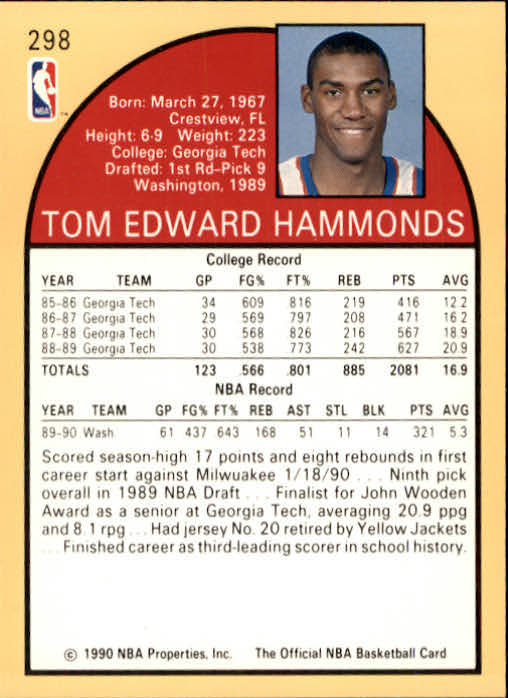 1990-91 Hoops #298A Tom Hammonds RC/(No rookie logo on front) back image